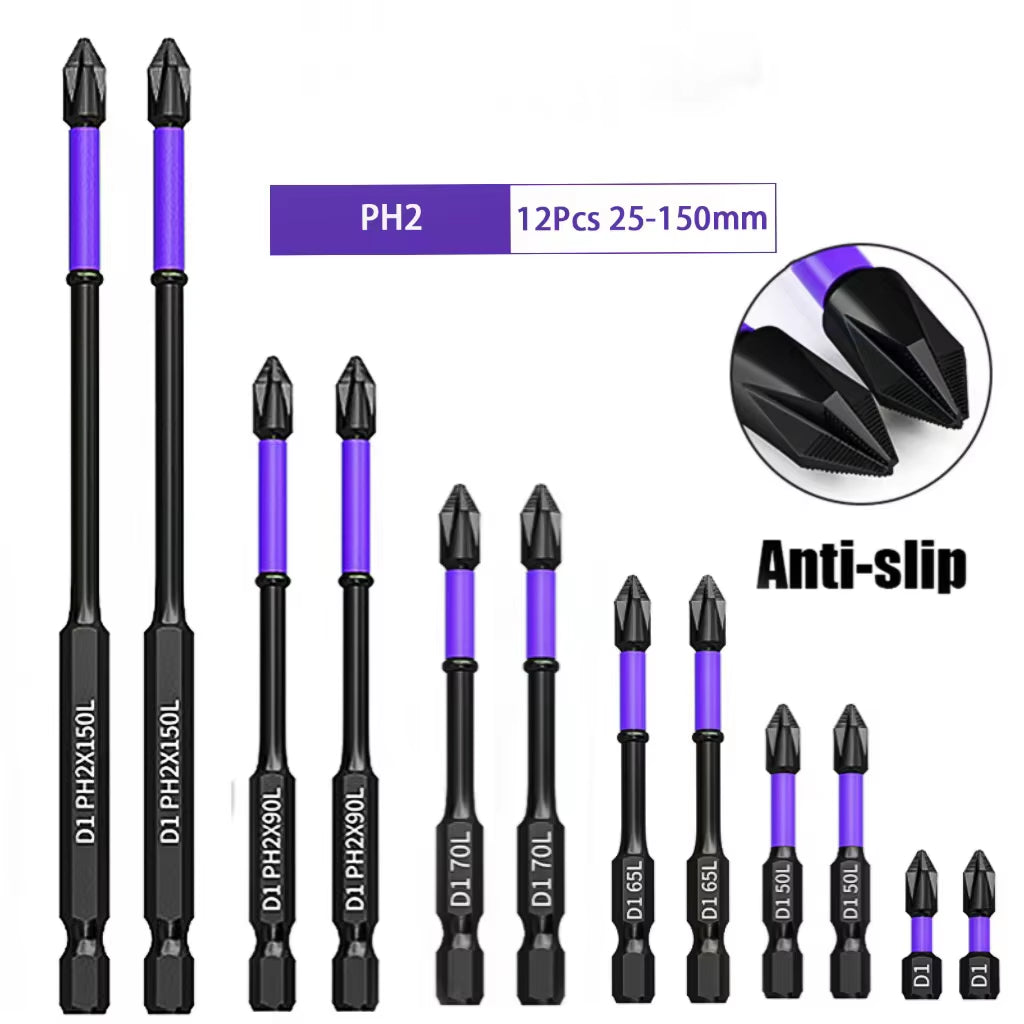 D1 Anti-Slip and Shock-Proof Bits Screwdriver Bits,High Hardness Strong Magnetic 25/50/65/70/90/150Mm PH2 Screwdriver Set