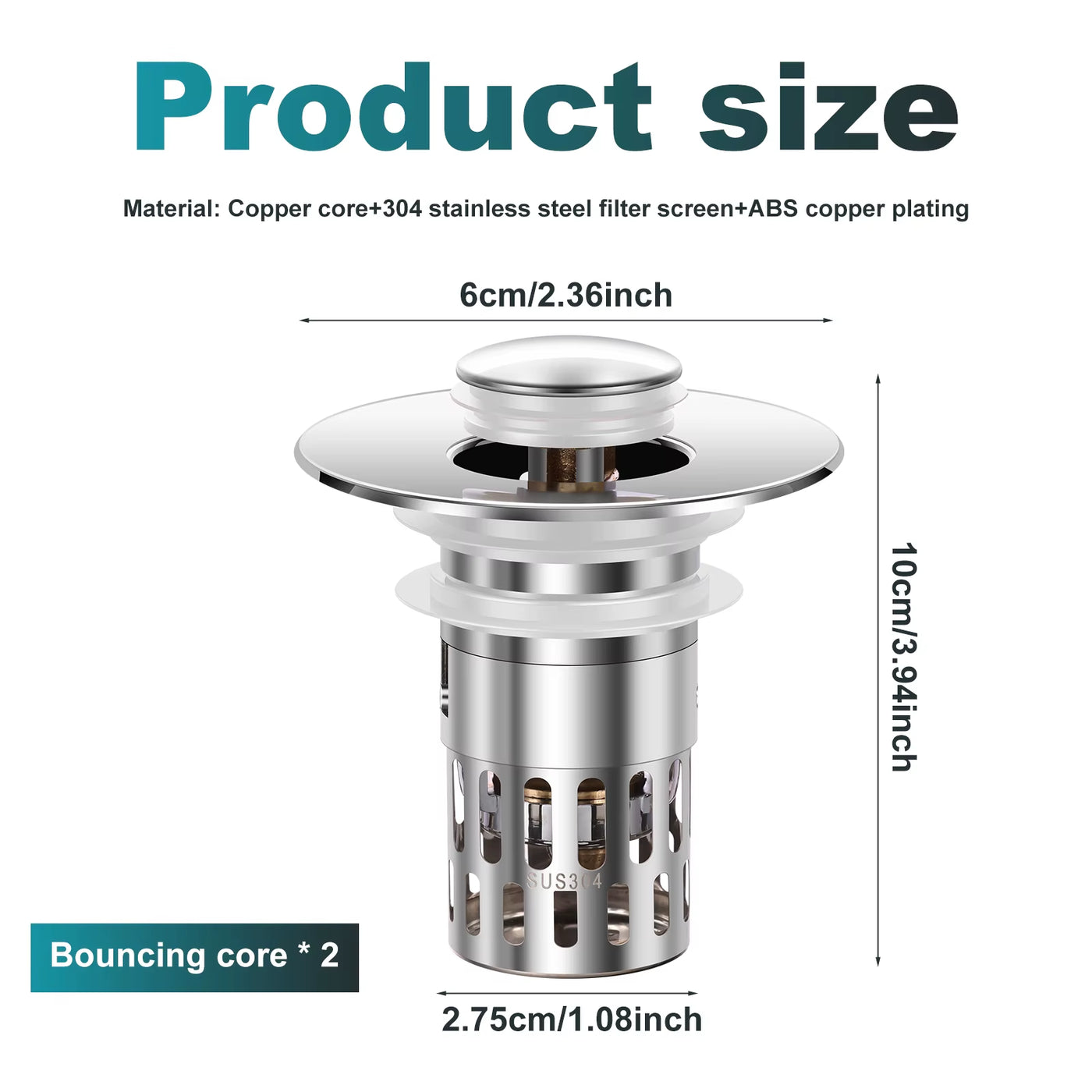 2Pcs Bathroom Drainer Copper Pop up Sink Drain Strainer with Plug Basket Highly Clog Resistant Home Drainage Accessories Bathtub