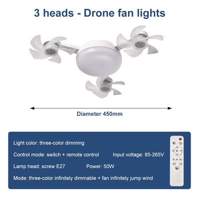 2 in 1 Hanging Fan with LED Light E27 Universal Dimming Drone Fan Silent Ceiling Drone Fan for Dining Room Bedroom Living Room
